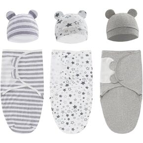 Easy Swaddle Wraps with Matching Hats, Pack of 6 (3 Wraps + 3 Hats), Cotton Knit Baby Wrap, Newborn Wearable Swaddle Sleep Sack, Size 0-3 Months, Small