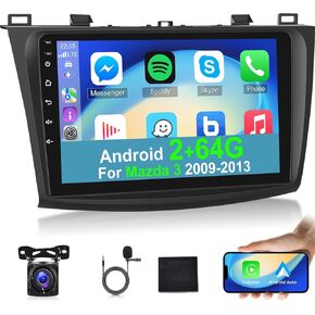 [2+64G] Android 13 Car Radio for Mazda 3 2009-2013 with Wireless Carplay and Android Auto - 9 Inch Touch Screen Car Stereo - Multiple UI/GPS Navigation/WiFi/SWC + AHD Backup Camera