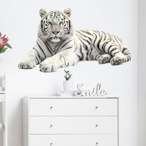 Lifelike Lying White Tiger Wall Decal Nursery Animal Wall Sticker Removable Peel and Stick Wall Art Decor for Kid Baby Classroom Preschool Living Room Playroom Bedroom School