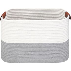 Small Rope Basket with Leather Handles, 15 "L x 11.5" W x 7.5 "H, Home Decor Basket, Cute Storage Basket for Books and Magazines, Sewing Storage Basket(White & Brown)