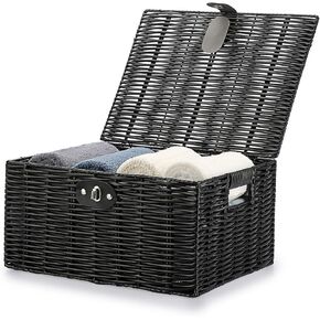 Hipiwe Woven Wicker Storage Baskets Box - Set of 3 Shelf Baskets with Lock&Handle Black Plastic Decorative Nesting Basket Bin Multifunctional Household Organizer Bin for Bathroom Home Decor