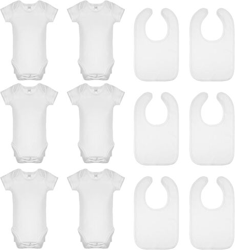 12 Pcs Unisex Cotton White Baby Short Sleeve Bodysuits Drool Bibs Set DIY Sublimation Blank Newborn Baby Clothes for Girl Boy Baby Shower, 0-3 Months in Kuwait
