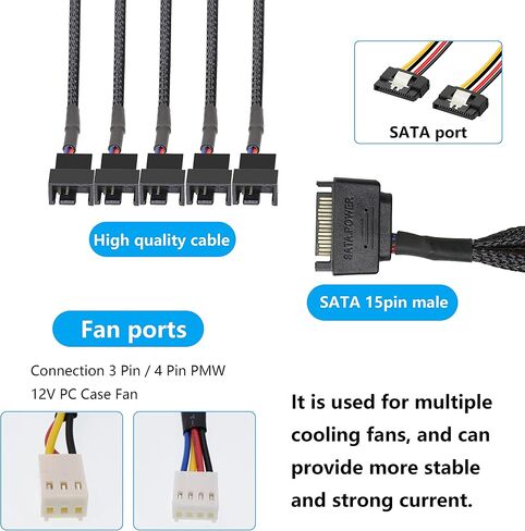 GELRHONR SATA cooler fan adapter cable，15 Pin SATA to 4 x 3 pin / 4 pin Fan Splitter Cable,15 Pin Male SATA to 3 Pin or 4 Pin Computer PC Case Fan Y Power Adapter Cable - 1.1Ft (Black- 1 to 4) in Saudi Arabia