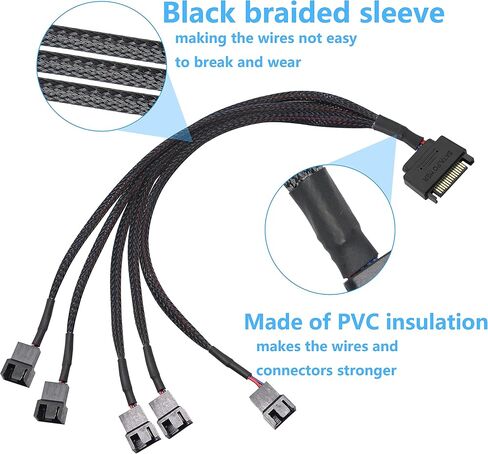GELRHONR SATA cooler fan adapter cable，15 Pin SATA to 4 x 3 pin / 4 pin Fan Splitter Cable,15 Pin Male SATA to 3 Pin or 4 Pin Computer PC Case Fan Y Power Adapter Cable - 1.1Ft (Black- 1 to 4) in Saudi Arabia
