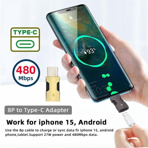 Cablecc 2pcs/Set 480Mbps USB-C Type C إلى 8P ذكر إلى أنثى محول بيانات الطاقة متوافق مع iPhone 15 وAndroid والكمبيوتر اللوحي in Kuwait