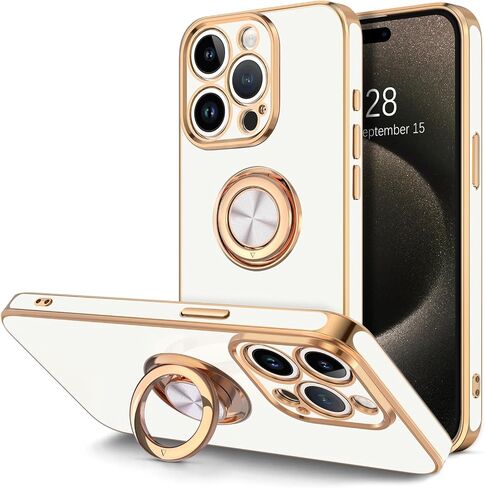 Hython Case for iPhone 15 Pro Max Case with Ring Stand, 360° Rotatable Ring Holder Magnetic Kickstand, Plating Rose Gold Edge Soft Cover Protective Phone Case for iPhone 15 Pro Max 6.7", White in Saudi Arabia