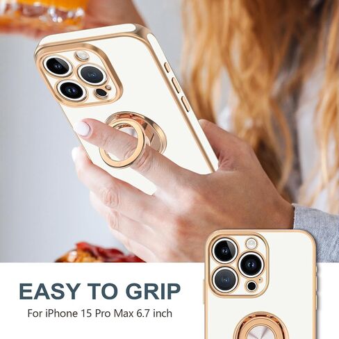 Hython Case for iPhone 15 Pro Max Case with Ring Stand, 360° Rotatable Ring Holder Magnetic Kickstand, Plating Rose Gold Edge Soft Cover Protective Phone Case for iPhone 15 Pro Max 6.7", White in Saudi Arabia