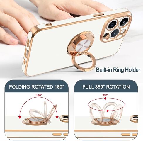 Hython Case for iPhone 15 Pro Max Case with Ring Stand, 360° Rotatable Ring Holder Magnetic Kickstand, Plating Rose Gold Edge Soft Cover Protective Phone Case for iPhone 15 Pro Max 6.7", White in Saudi Arabia
