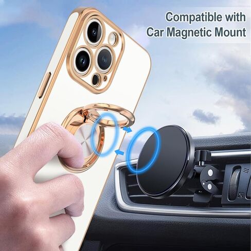 Hython Case for iPhone 15 Pro Max Case with Ring Stand, 360° Rotatable Ring Holder Magnetic Kickstand, Plating Rose Gold Edge Soft Cover Protective Phone Case for iPhone 15 Pro Max 6.7", White in Saudi Arabia