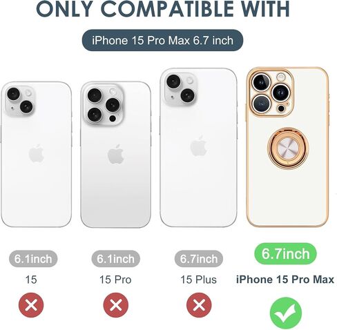 Hython Case for iPhone 15 Pro Max Case with Ring Stand, 360° Rotatable Ring Holder Magnetic Kickstand, Plating Rose Gold Edge Soft Cover Protective Phone Case for iPhone 15 Pro Max 6.7", White in Saudi Arabia