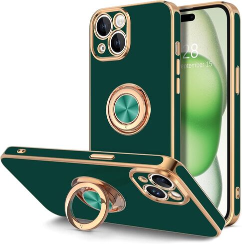 Hython Case for iPhone 15 Pro Max Case with Ring Stand, 360° Rotatable Ring Holder Magnetic Kickstand, Plating Rose Gold Edge Soft Cover Protective Phone Case for iPhone 15 Pro Max 6.7", White in Saudi Arabia