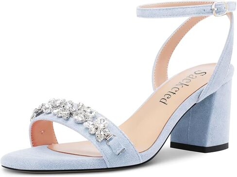 Saekcted Women Chunky Block Mid Heel Peep Open Toe Sandals Ankle Strap Rhinestone Crystal Casual Dress Shoes in Saudi Arabia