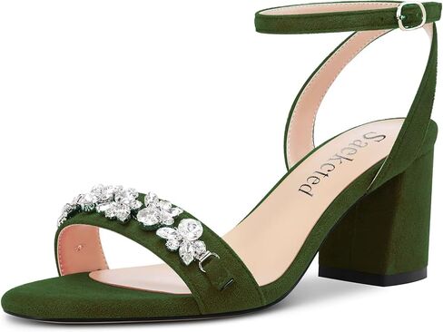 Saekcted Women Chunky Block Mid Heel Peep Open Toe Sandals Ankle Strap Rhinestone Crystal Casual Dress Shoes in Saudi Arabia