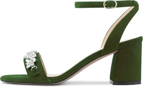 Saekcted Women Chunky Block Mid Heel Peep Open Toe Sandals Ankle Strap Rhinestone Crystal Casual Dress Shoes in Saudi Arabia