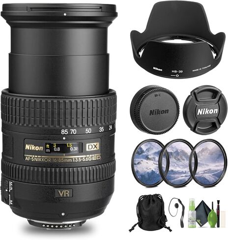 عدسة Nikon AF-S DX NIKKOR مقاس 16-85 مم f/3.5-5.6G ED VR (2178) + مجموعة مرشح + حافظة للغطاء + مجموعة تنظيف (متجددة) in Saudi Arabia