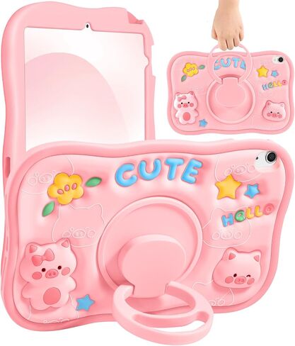 for iPad 10th Generation Case 10.9 Inch - Cute Girls Kawaii Women Girly with 360 Degree Rotating Handle Pig Pretty Silicone Cover 3D Design for Apple for iPad 10th Gen Cases in Saudi Arabia