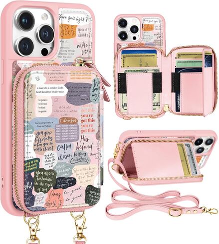 Shorogyt لهاتف iPhone 15 Pro Max Case Wallet Crossbody، RFID Blocking Card Slots Designer Christian Quotes حقيبة يد جلدية محفظة حافظات الهاتف مع حبل لهاتف iPhone 15 Promax in Kuwait