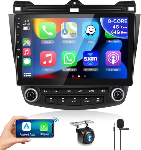 راديو سيارة 8 CORE 4G+64G لسيارة Honda Accord 7th 2003-2007 مع CarPlay/Android Auto، 10.1 بوصة 1280 * 720P IPS شاشة لمس ستيريو Android 13 GPS WiFi Bluetooth DSP SWC + كاميرا احتياطية عالية الدقة in Saudi Arabia