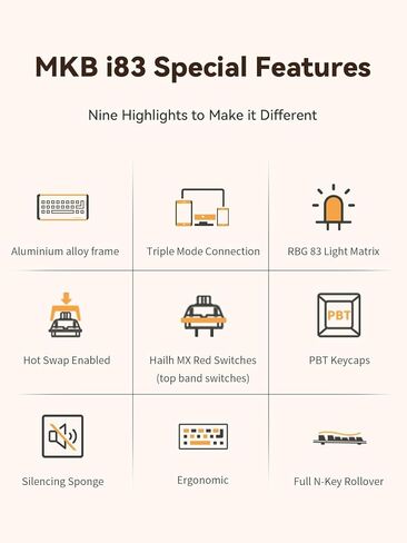 لوحة مفاتيح الألعاب الميكانيكية اللاسلكية MINISFORUM MKB i83، Kailh MX Red Switch RGB Light 83 مفتاحًا بإطار من سبائك الألومنيوم ولوحة مفاتيح مكتبية صغيرة مدمجة، بلوتوث/2.4 جيجا/اتصال سلكي يصل إلى 5 أجهزة (أسود) in Kuwait