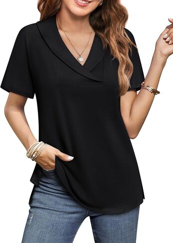 بلوزات نسائية صيفية بياقة على شكل V وأكمام قصيرة تي شيرت تونيك أو بلايز لارتدائها مع طماق ملابس صيفية فضفاضة in Kuwait