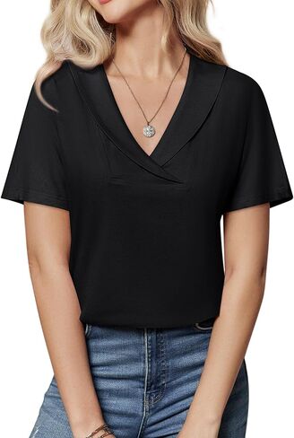 بلوزات نسائية صيفية بياقة على شكل V وأكمام قصيرة تي شيرت تونيك أو بلايز لارتدائها مع طماق ملابس صيفية فضفاضة in Kuwait