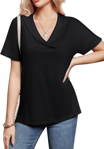 بلوزات نسائية صيفية بياقة على شكل V وأكمام قصيرة تي شيرت تونيك أو بلايز لارتدائها مع طماق ملابس صيفية فضفاضة in Kuwait