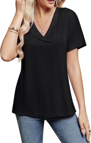 بلوزات نسائية صيفية بياقة على شكل V وأكمام قصيرة تي شيرت تونيك أو بلايز لارتدائها مع طماق ملابس صيفية فضفاضة in Kuwait