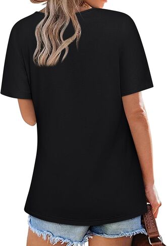 بلوزات نسائية صيفية بياقة على شكل V وأكمام قصيرة تي شيرت تونيك أو بلايز لارتدائها مع طماق ملابس صيفية فضفاضة in Kuwait