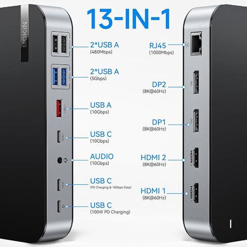 محطة إرساء USB C 8K@60 هرتز، 3 شاشات USB C Dock وشاشات مزدوجة مع 2 HDMI، 2 DisplayPort، USB A 3.1/3.0/2.0، USB C 3.1، مخرج 10 جيجابت في الثانية و30 واط، إيثرنت، صوت وميكروفون لـ Dell/Lenove/HP مع DP2.1/ 1.4/1.2 in Kuwait