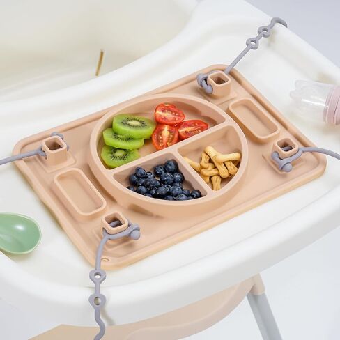 Silicone Placemats for Toddlers, Baby Suction Plate with 4 Straps to Secure Teething Toys, Strong Suction Baby Placemat for Highchair Restaurants, Baby Led Weaning Dishwasher Safe (Khaki) in Saudi Arabia