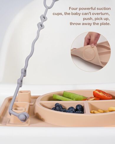 Silicone Placemats for Toddlers, Baby Suction Plate with 4 Straps to Secure Teething Toys, Strong Suction Baby Placemat for Highchair Restaurants, Baby Led Weaning Dishwasher Safe (Khaki) in Saudi Arabia