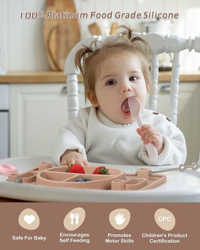 Silicone Placemats for Toddlers, Baby Suction Plate with 4 Straps to Secure Teething Toys, Strong Suction Baby Placemat for Highchair Restaurants, Baby Led Weaning Dishwasher Safe (Khaki) in Saudi Arabia
