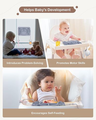 Silicone Placemats for Toddlers, Baby Suction Plate with 4 Straps to Secure Teething Toys, Strong Suction Baby Placemat for Highchair Restaurants, Baby Led Weaning Dishwasher Safe (Khaki) in Saudi Arabia