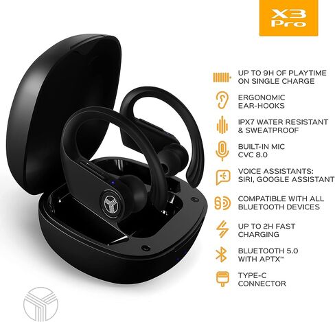 TREBLAB X3-Pro - سماعات أذن لاسلكية مع خطافات أذن - وقت تشغيل 45 ساعة، aptX، IPX7 سماعات مقاومة للماء للجري والتمرين - سماعات بلوتوث رياضية مع علبة شحن - ميكروفون مدمج - أسود (متجدد) in Saudi Arabia