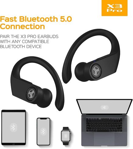 TREBLAB X3-Pro - سماعات أذن لاسلكية مع خطافات أذن - وقت تشغيل 45 ساعة، aptX، IPX7 سماعات مقاومة للماء للجري والتمرين - سماعات بلوتوث رياضية مع علبة شحن - ميكروفون مدمج - أسود (متجدد) in Saudi Arabia