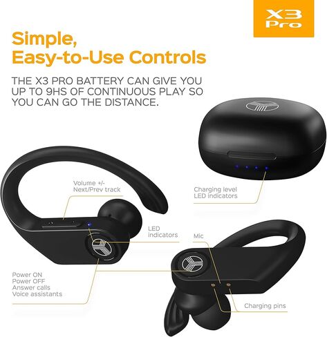 TREBLAB X3-Pro - سماعات أذن لاسلكية مع خطافات أذن - وقت تشغيل 45 ساعة، aptX، IPX7 سماعات مقاومة للماء للجري والتمرين - سماعات بلوتوث رياضية مع علبة شحن - ميكروفون مدمج - أسود (متجدد) in Saudi Arabia