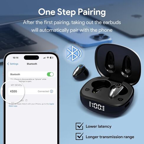 Wireless Earbuds with Digital Display Charging Case, Sports Bluetooth Headphones with Microphone Compatible with iPhone, Andriod (Black) in Saudi Arabia