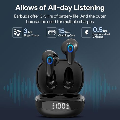Wireless Earbuds with Digital Display Charging Case, Sports Bluetooth Headphones with Microphone Compatible with iPhone, Andriod (Black) in Saudi Arabia