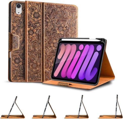 حافظة Gexmil من الجلد الطبيعي لجهاز iPad Mini 6 Generation، iPad Mini 8.3 بوصة 2021، إغلاق مغناطيسي، حامل أقلام، غطاء جلد البقر الحقيقي المقاوم للصدمات، قلم 2 شحن لاسلكي، بني داكن in Kuwait