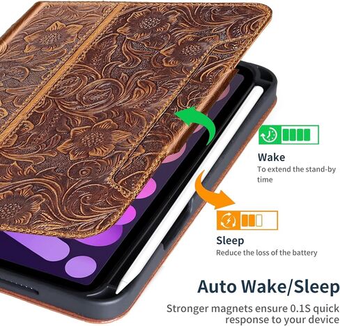 حافظة Gexmil من الجلد الطبيعي لجهاز iPad Mini 6 Generation، iPad Mini 8.3 بوصة 2021، إغلاق مغناطيسي، حامل أقلام، غطاء جلد البقر الحقيقي المقاوم للصدمات، قلم 2 شحن لاسلكي، بني داكن in Kuwait