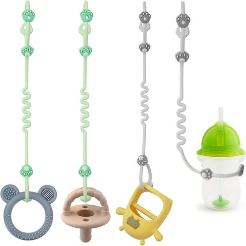 Toy Strap for Baby,Pacifier Clip,Baby Teething Toys,Baby Fruit Feeder Strap,4 Pack Silicone Adjustable Stretchable Sippy Cup Straps for High Chairs,Strollers,Cribs,Car Seat(Green+Grey) in Saudi Arabia