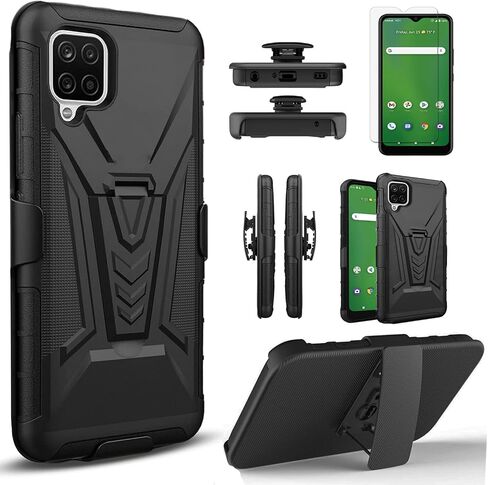Samsung A12 5G Case, Galaxy A12 5G Case, with Tempered Glass Screen Protector, Circlemalls Heavy Duty Military Grade 12 ft Shockproof Kickstand Phone Cover with Belt Clip Holster- Dark in Saudi Arabia