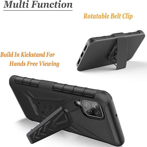 Samsung A12 5G Case, Galaxy A12 5G Case, with Tempered Glass Screen Protector, Circlemalls Heavy Duty Military Grade 12 ft Shockproof Kickstand Phone Cover with Belt Clip Holster- Dark in Saudi Arabia