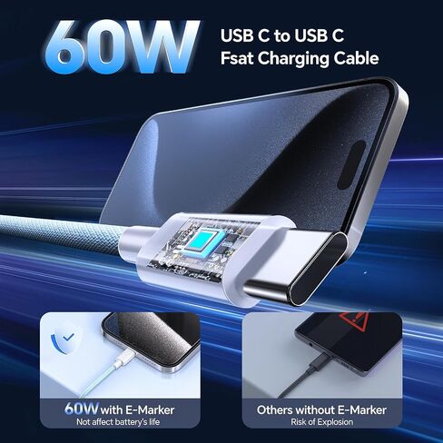 كابل USB C، 3 حزم 6FT 60W USB C إلى USB C كابل شاحن 48 جديلة مضفرة ملونة من النوع C كابل شحن سريع متوافق مع iPhone 15/Pro/Max/Plus/MacBook/iPad Pro/Air/Samsung/Android/Laptop in Kuwait