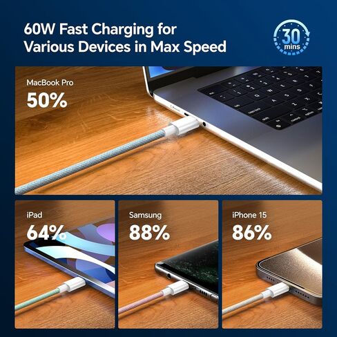 كابل USB C، 3 حزم 6FT 60W USB C إلى USB C كابل شاحن 48 جديلة مضفرة ملونة من النوع C كابل شحن سريع متوافق مع iPhone 15/Pro/Max/Plus/MacBook/iPad Pro/Air/Samsung/Android/Laptop in Kuwait