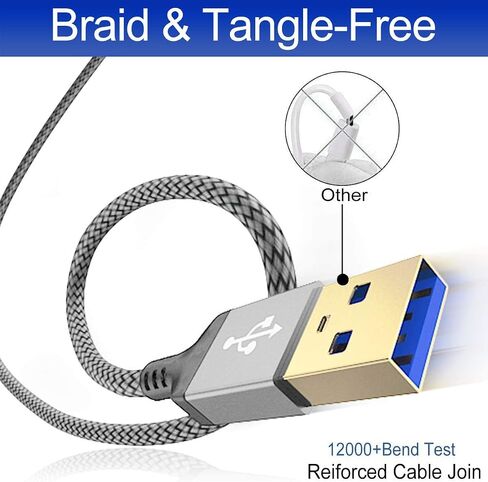 AkoaDa USB A إلى USB A كابل 6.6 قدم، USB 3.0 ذكر إلى ذكر كابل، نايلون مضفر نقل عالي السرعة USB 3.0 إلى USB 3.0 كابل لمرفقات القرص الصلب، والكاميرات، ومشغل DVD، وأجهزة الكمبيوتر المحمول أكثر (رمادي) in Kuwait
