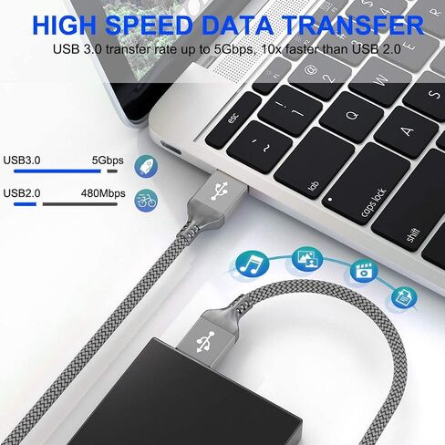 AkoaDa USB A إلى USB A كابل 6.6 قدم، USB 3.0 ذكر إلى ذكر كابل، نايلون مضفر نقل عالي السرعة USB 3.0 إلى USB 3.0 كابل لمرفقات القرص الصلب، والكاميرات، ومشغل DVD، وأجهزة الكمبيوتر المحمول أكثر (رمادي) in Kuwait