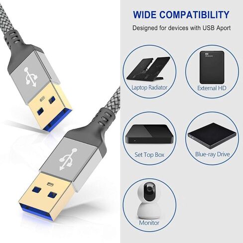 AkoaDa USB A إلى USB A كابل 6.6 قدم، USB 3.0 ذكر إلى ذكر كابل، نايلون مضفر نقل عالي السرعة USB 3.0 إلى USB 3.0 كابل لمرفقات القرص الصلب، والكاميرات، ومشغل DVD، وأجهزة الكمبيوتر المحمول أكثر (رمادي) in Kuwait
