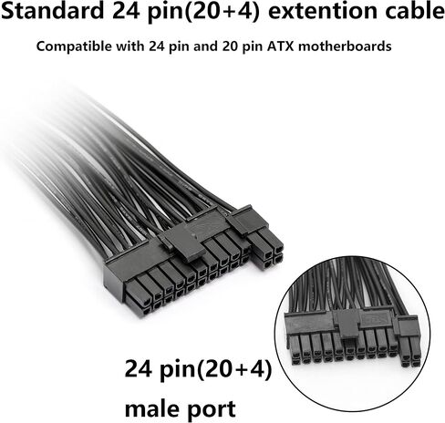 كابل تمديد GELRHONR 24 Pin PSU، اللوحة الأم ATX PSU 24 Pin (20+4) كابل تمديد ذكر إلى أنثى - 1 قدم in Saudi Arabia