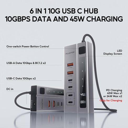 Powered USB C Hub, PULWTOP USB Hub Powered Support 10Gbps Data & PD 45W Charging Not Support Video, 2USB-C 10Gbps Ports, 2USB 3.1 10Gbps Ports power adapter for iMac, MacBook Pro/Air,iPad, XPS Adapter in Saudi Arabia